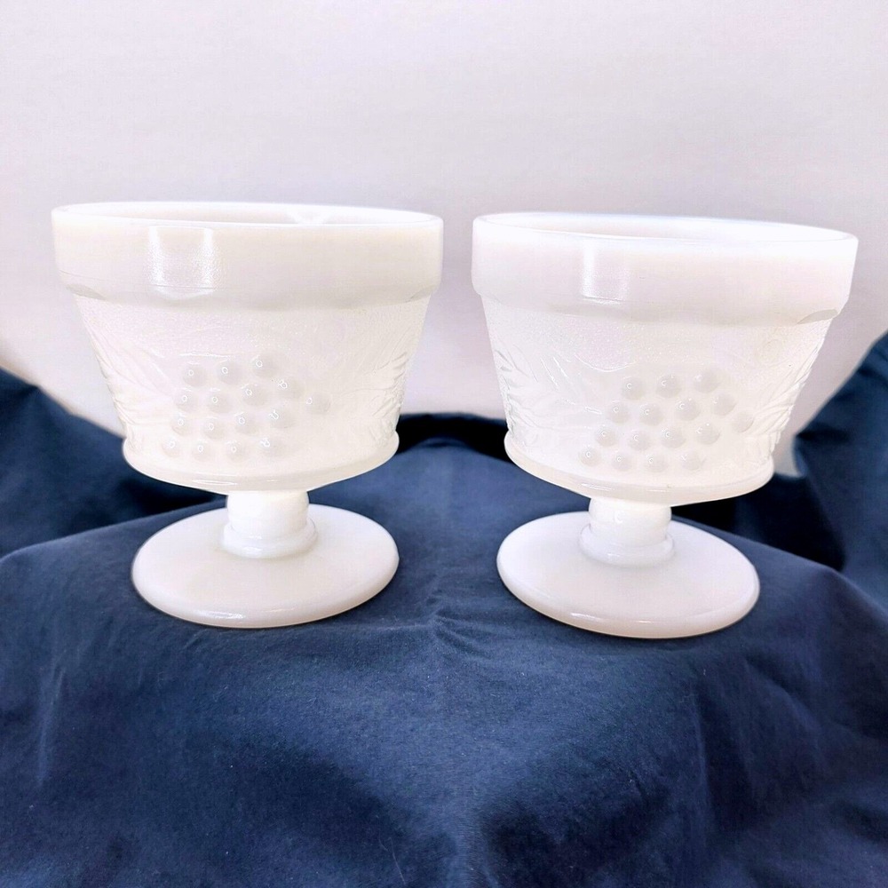 (2) ANCHOR HOCKING Footed Milk Glass Grape & Leaf Sherbet Ice Cream Dessert Cups